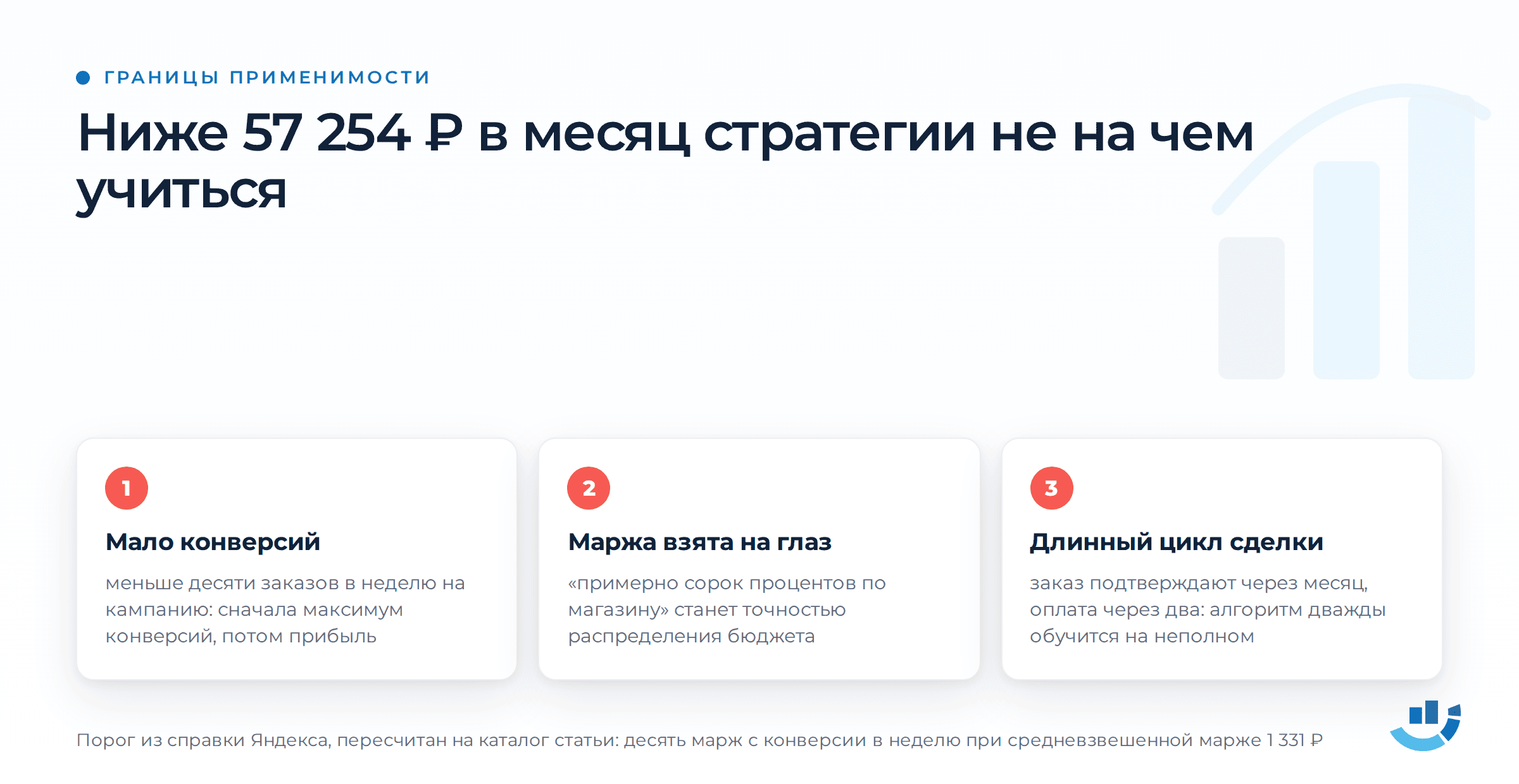 «Максимум прибыли» в Директе — как передать маржу и не оптимизировать себя в убыток. ROAS, автостратегии, ДРР, контекстная реклама, маржа | Продвижение сайтов от seo-агентства Оптимизм Три случая, когда стратегию включать рано: мало конверсий, маржа на глаз, длинный цикл сделки