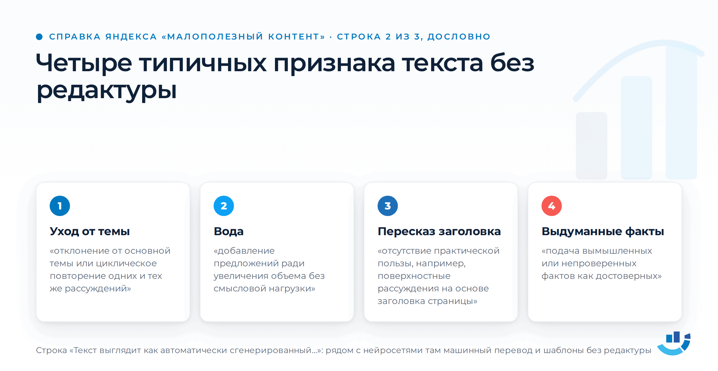 Нейротекст: что Яндекс на самом деле считает мусором. ИИ-контент, качество контента, малополезный контент, нейросети, Проксима | Продвижение сайтов от студии «ОПТИМИЗМ» Четыре типичных признака текста без редактуры из второй строки таблицы справки Яндекса «Малополезный контент», той, что про автоматически сгенерированный текст. Уход от темы: отклонение от основной темы или циклическое повторение одних и тех же рассуждений. Вода: добавление предложений ради увеличения объёма без смысловой нагрузки. Пересказ заголовка: отсутствие практической пользы, например, поверхностные рассуждения на основе заголовка страницы. Выдуманные факты, отмечены красным: подача вымышленных или непроверенных фактов как достоверных. Внизу пометка, что в той же строке рядом с нейросетями названы машинный перевод и шаблоны без редактуры